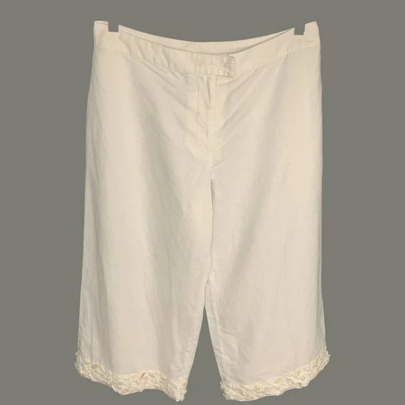 Spenser Jeremy Linen Blend Cropped Pants Women Size 12 White Shell Embellished - Picture 1 of 15